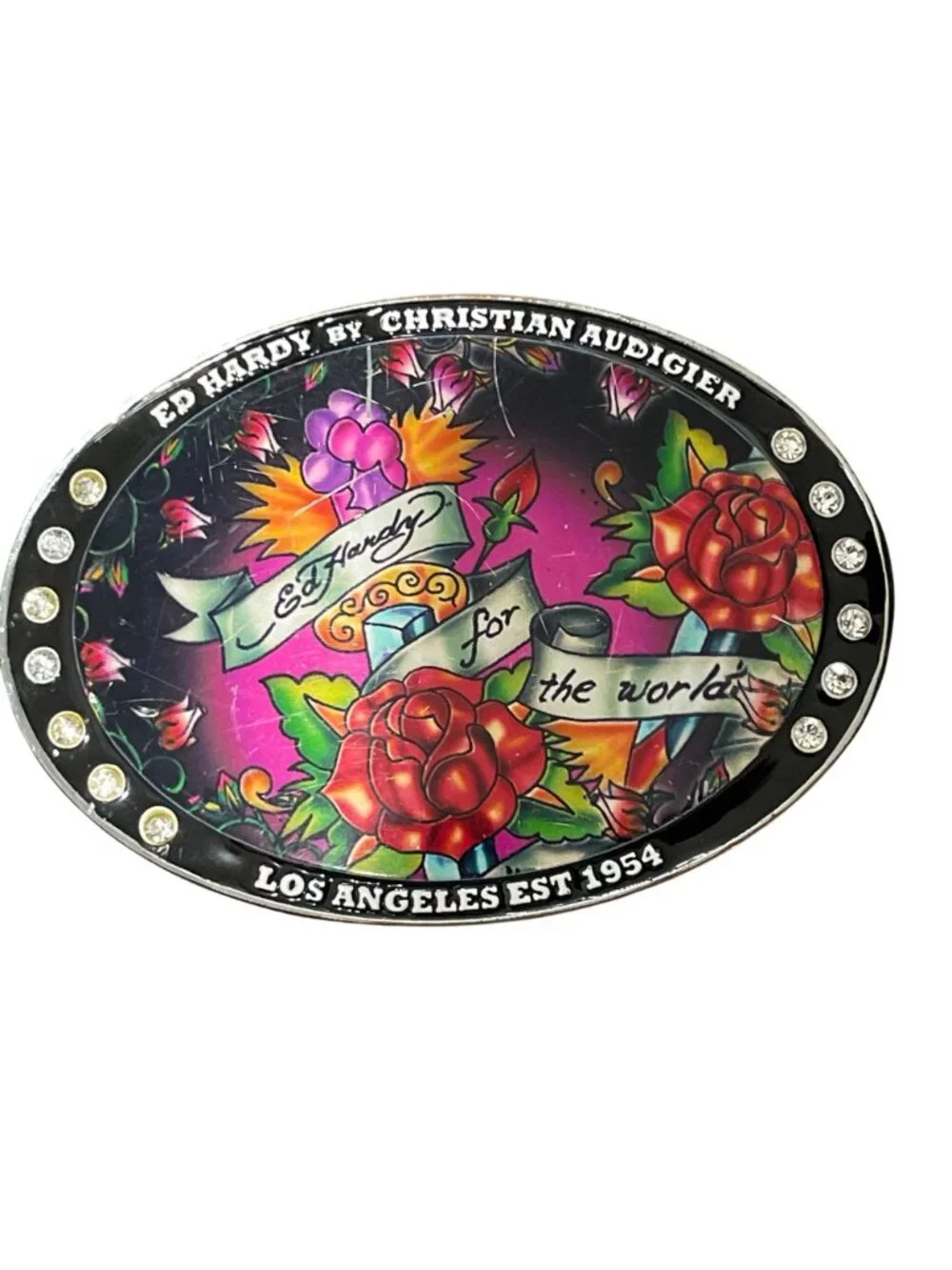 Ed Hardy by Christian Audigier Leather Belt Size S Tattoo Floral Rhinestone Y2K - Picture 5 of 9